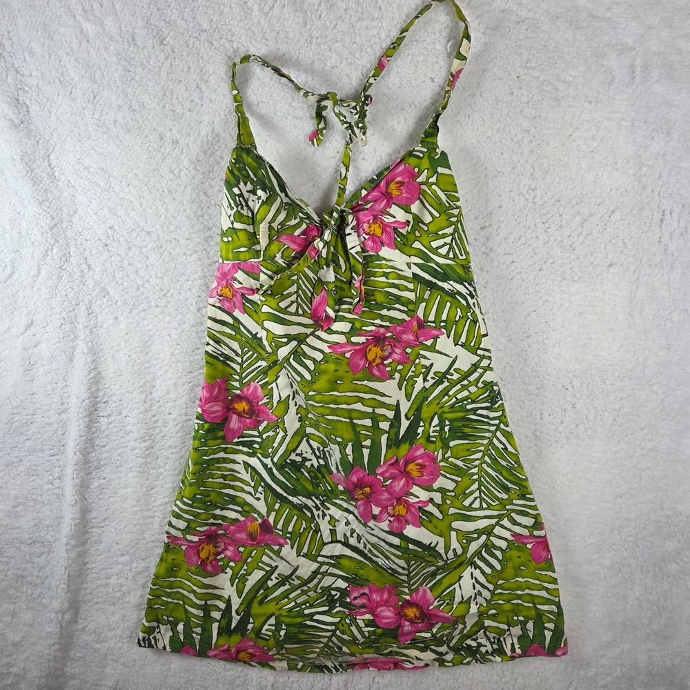 Lipsy Tropical Floral Print Halter Neck Tie Front Mini Dress Women's Size L‎